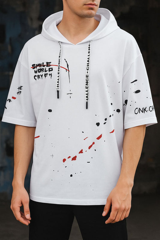 Typography Printed Hooded Cotton T-shirt - Aries Edge